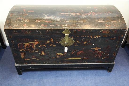 An early 18th century black japanned dome top trunk, W.3ft 9in. D.1ft 8in. H.2ft 5in.